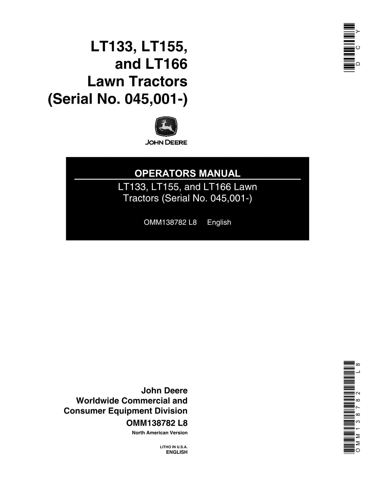 JOHN DEERE LT133 LT155 LT166 TRACTOR OPERATORS MANUAL 045001-085000