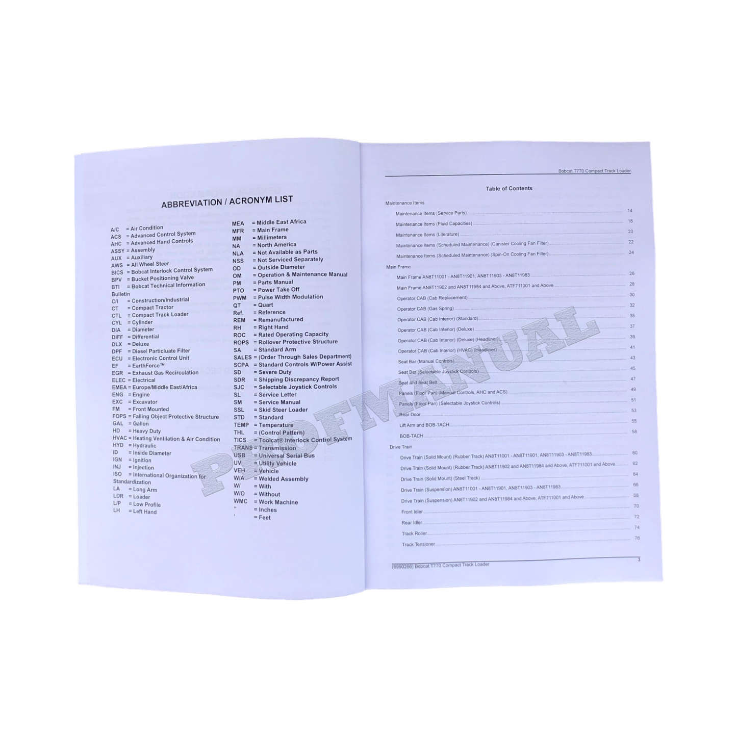Bobcat T770 Compact Track Loader Parts Catalog Manual AN8T11001- ATF711001-