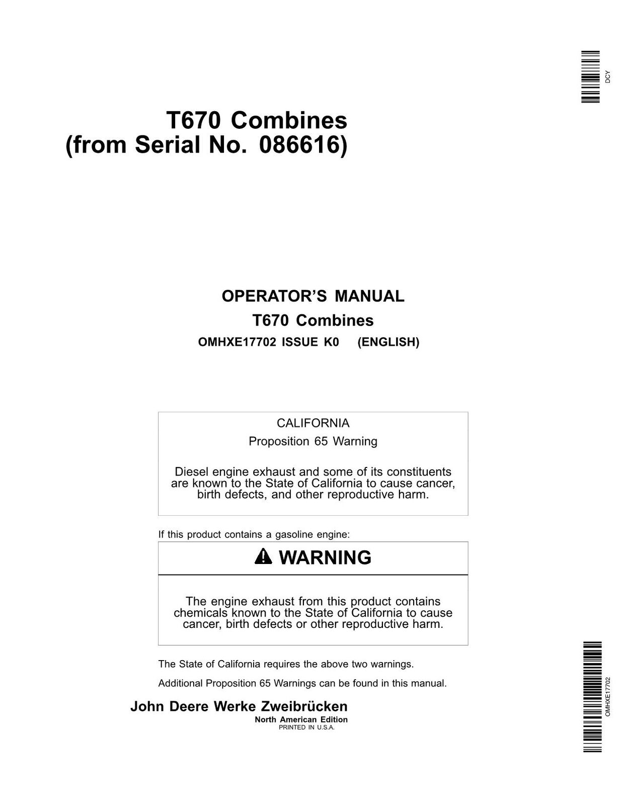 JOHN DEERE T670 COMBINE OPERATORS MANUAL #5
