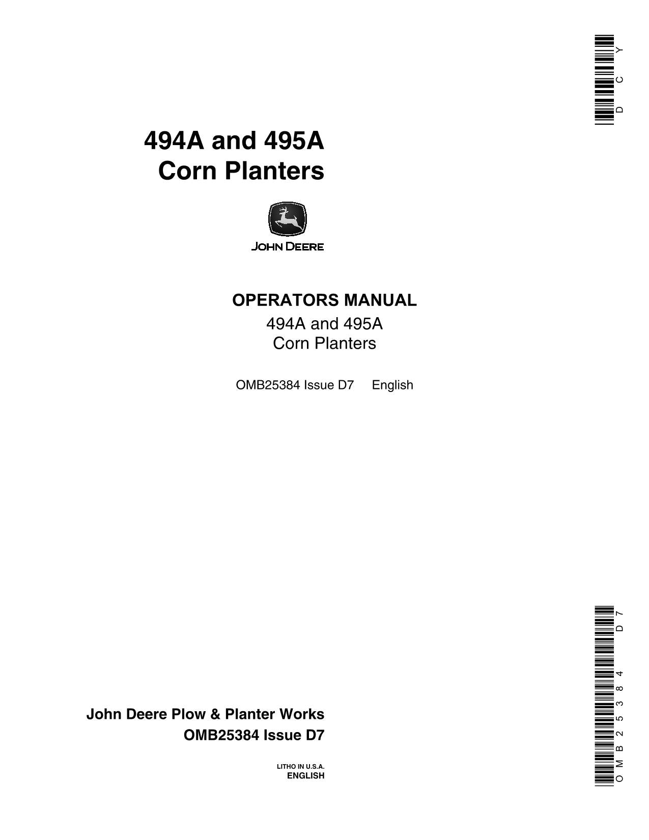 JOHN DEERE 494A 495A PLANTER OPERATORS MANUAL